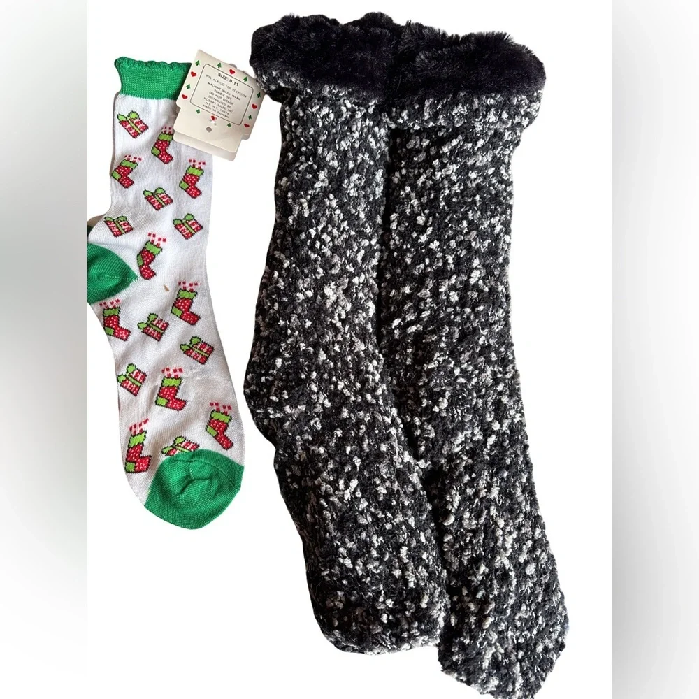 Jane and Bleecker Black White Slipper Socks and Green White Holiday Socks NWT